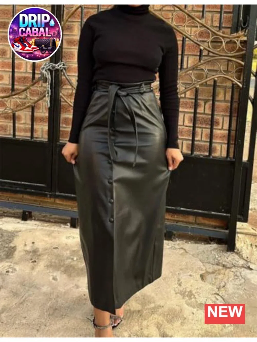 Faux PU Leather Maxi Long Skirt with Belt Button Down Slit Pencil Skirt